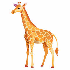 Obraz premium Cute giraffe cartoon vector standing tall with orange spots and long neck. Ideal for animal books, safari graphics, zoo posters, or educational wildlife projects.