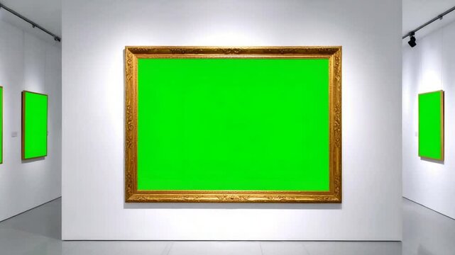 Blank green screen frames in modern gallery