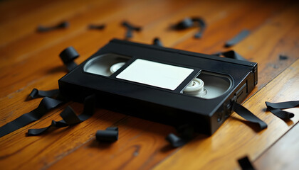 Fototapeta premium Retro VHS tape with scattered black ribbon on a wooden surface.