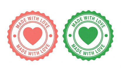 Set of two circular Made With Love badges with hearts