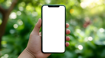 Smartphone with blank screen held outdoors, blurred background 