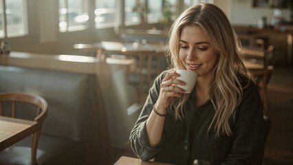 A blonde woman enjoying a coffee