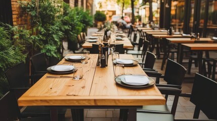 Obraz premium Common settings of cafe interior with wooden tables and plate sets