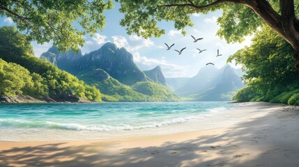 Tranquil tropical beach scene with lush greenery and mountains.