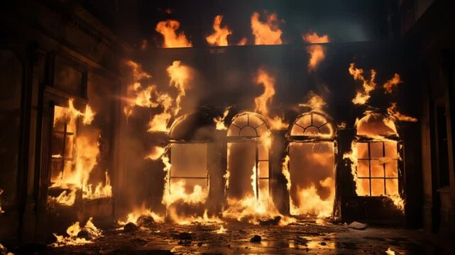 Burning building with arched windows engulfed in flames at night, intense fire disaster scene.