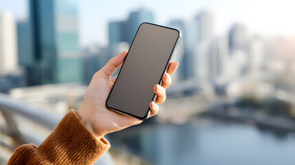 Female hand holding smartphone in daylight, clean display 