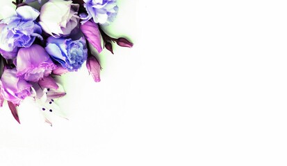 Bouquet of pink roses and alstroemeria on a white background. Delicate flowers. Pastel floral...