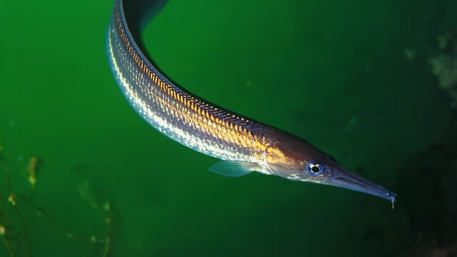 Exploring the underwater world with a close-up of a snakefish gliding through vibrant green waters