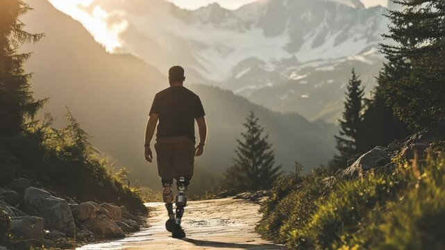 A person with a prosthetic leg is seen walking down a path, representing adaptability and perseverance