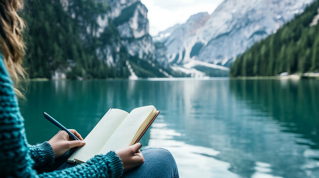 Person journaling with view of mountain lake Close-up - Powered by Adobe