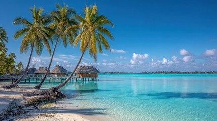 Naklejka premium A turquoise lagoon surrounded by palm trees and white sandy beach under clear blue sky