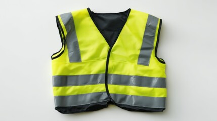 Black safety vest with reflective strips displayed flat on white background