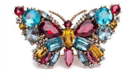 Butterfly-shaped brooch with colorful gemstones set against a bright white backdrop