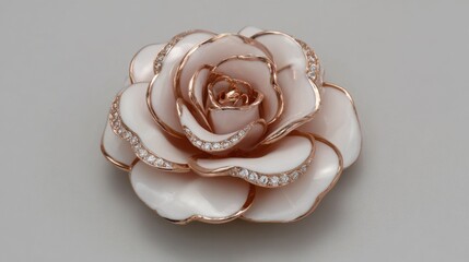 Delicate rose gold brooch with tiny diamonds placed symmetrically on white