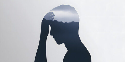 Conceptual double exposure of a man touching his head with a cloudy forest landscape, symbolizing anxiety, overthinking, and emotional struggles.