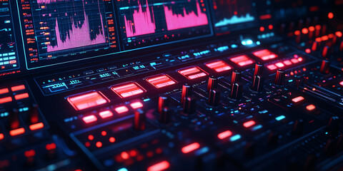 Obraz premium Close-up of a futuristic audio mixing console with vibrant red and blue neon lights.