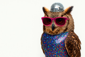 Owl in a shiny disco suit and glasses. Space for text.