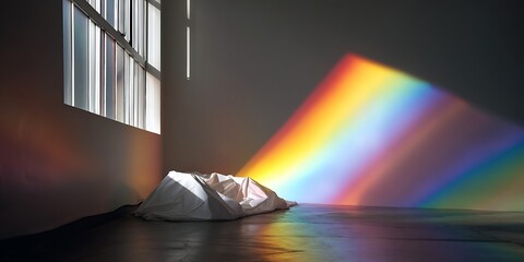 Bold rainbow spectrum projected on white sheet with dramatic natural light.