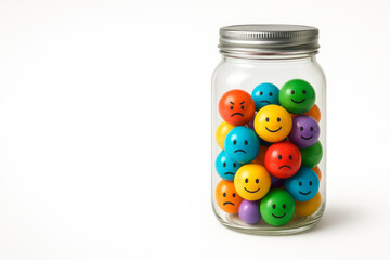 A glass jar filled with colorful balls with emotions. Space for text.