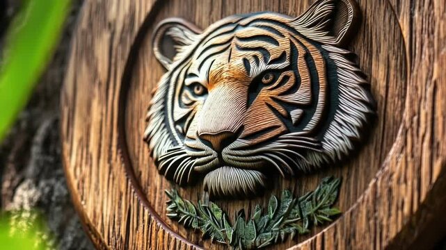 A close-up view of a tiger's head on a wooden plaque, ideal for use in wildlife-themed designs or as a decorative element
