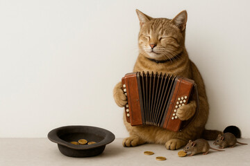 A cat with an accordion and mice collects coins. Space for text.