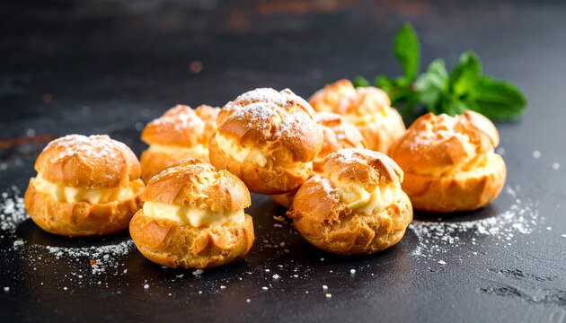 Tasty vanilla cream puffs. Italian patisserie delight. Sweet pastry food. Delicious dessert.
