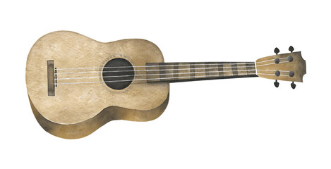 Fototapeta premium Watercolor illustration of a ukulele on transparent background.