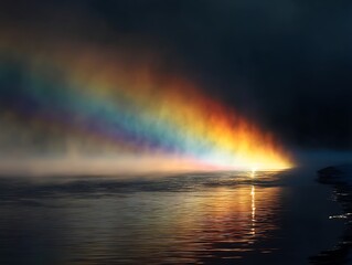 Bright rainbow projected through water vapor with subtle sunlight.