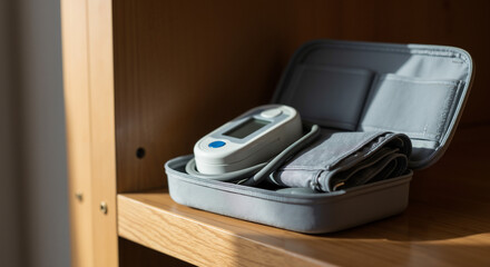 Blood pressure monitor and cuff in gray case on wooden shelf  