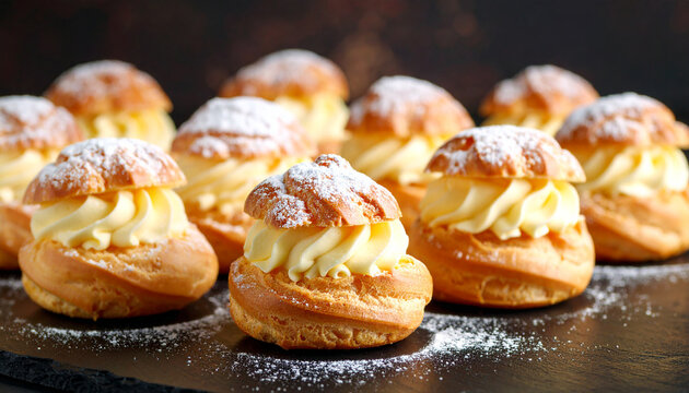 Tasty vanilla cream puffs. Italian patisserie delight. Sweet pastry food. Delicious dessert.