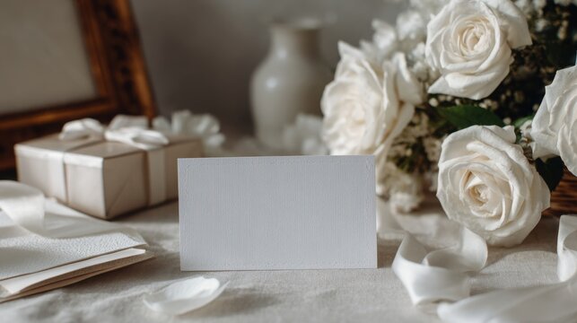 A minimalist wedding white voucher mock-up placed on a table decorated with white roses, silk ribbons, and wedding invitations. Soft lighting with a classic wedding feel, wedding voucher, 16:9