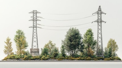 3d render Power Lines and Lush Greenery: A Visual Representation of Energy and Nature isolated background
