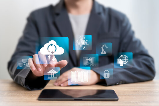 Cloud computing with AI management online network technology concept, Businessman uses tablets to transfer data, Safety system management, Applications, Server systems storage, Banking, personal data