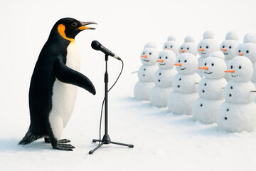 The penguin performs in front of the snowmen.