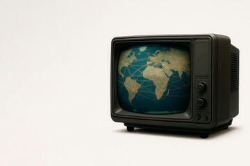 The TV shows a global map with communication lines. Space for text.