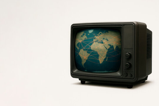 The TV shows a global map with communication lines. Space for text.