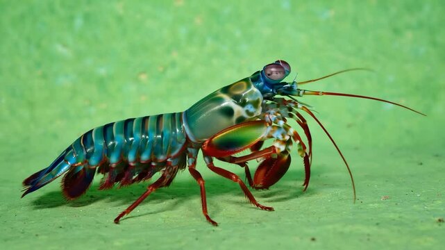 Colorful mantis shrimp displays vibrant colors while walking on ocean floor in tropical environment