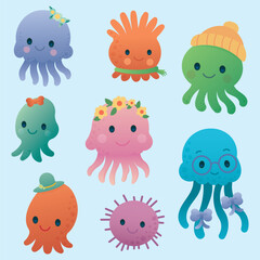 Cute Ocean Creatures Character Set.