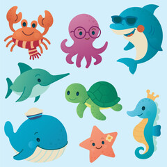 Cute Ocean Creatures Character Set.