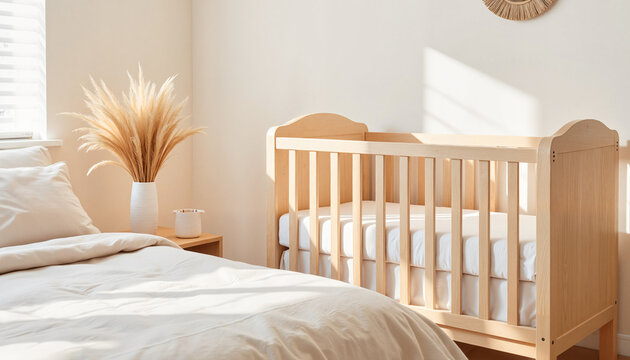 Cozy bedroom with wooden co-sleeper crib and decorative plant  