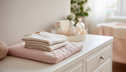Folded baby clothes and quilted changing mat on white dresser in soft nursery