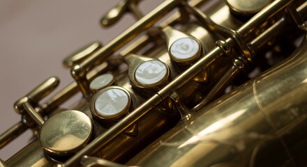 Naklejka premium Close-up of Saxophone Keys: Golden Musical Instrument Detail
