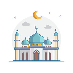 Beautiful Islamic Mosque Vector with Minarets and Crescent Moon