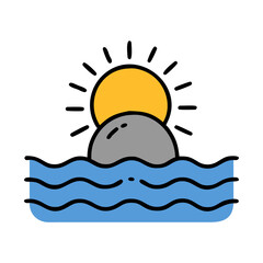 Sun Rising or Setting Over the Ocean and Rock Doodle Icon Vector