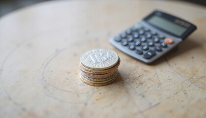 Stacked coins next to a calculator on a wooden table surface  