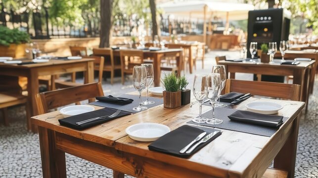 Common settings of cafe interior with wooden tables and plate sets - Powered by Adobe