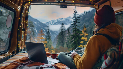 Woman working on laptop in cozy camper with open back door, scenic mountains, forest view outside, cup of coffee on the side, warm morning light, boho travel style. Freelancer, remote work