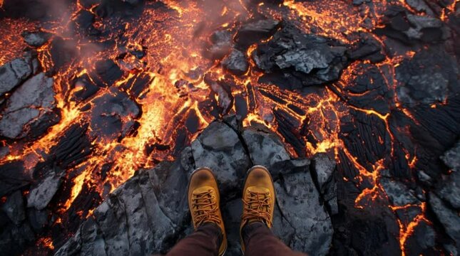 Hiker standing on rocky cliff above flowing lava, volcanic eruption danger, close-up of boots near molten lava.