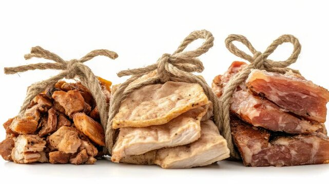 A bunch of meat wrapped in twine sits on a white surface, ready to be cooked or served