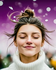 Smiling Woman with Glitter in Hair Against Purple Background
